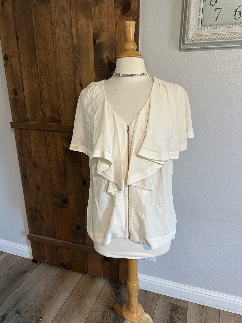 Tory Burch Cream Ruffle-Front V-Neck Zip Blouse